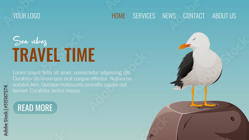 A seagull sits on a stone. Vector illustration, cartoon nautical style. Travel time, sea vibes, marine entertainment. For web template, website interface, landing page