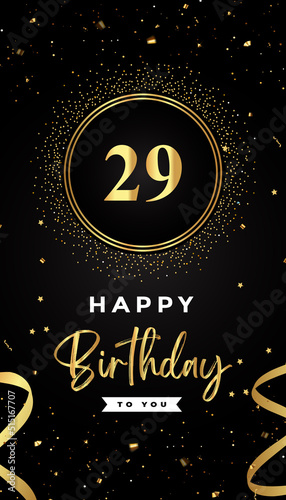 29th Birthday celebration with gold circle frames, ribbons, stars, and gold confetti glitter. Premium design for brochure, poster, leaflet, greeting card, birthday invitation, and Celebration events. 