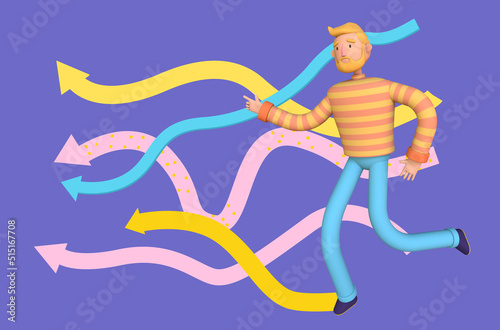 Bearded hipster in striped pullover running to his goal following the arrows. Career success  startup concept. Trendy 3d illustration.