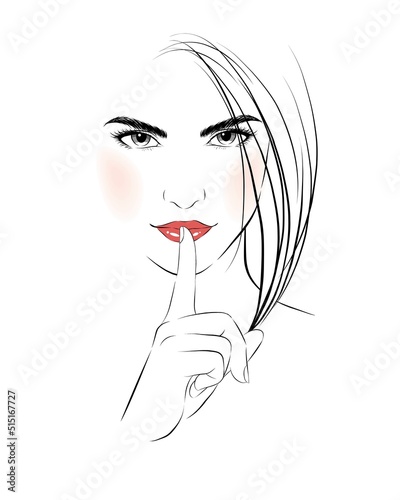 Sexy girl making a quiet gesture. vector illustration isolated cartoon hand drawn. Line art.