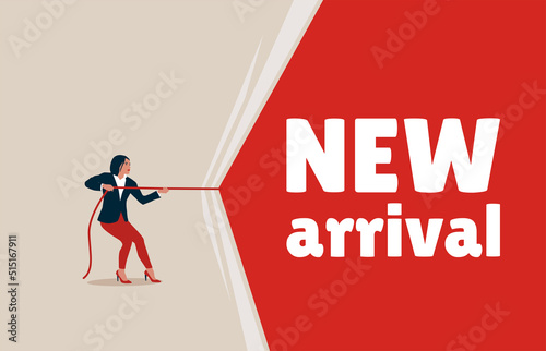 Businesswoman pulling curtain about new arrival. Place for text.
