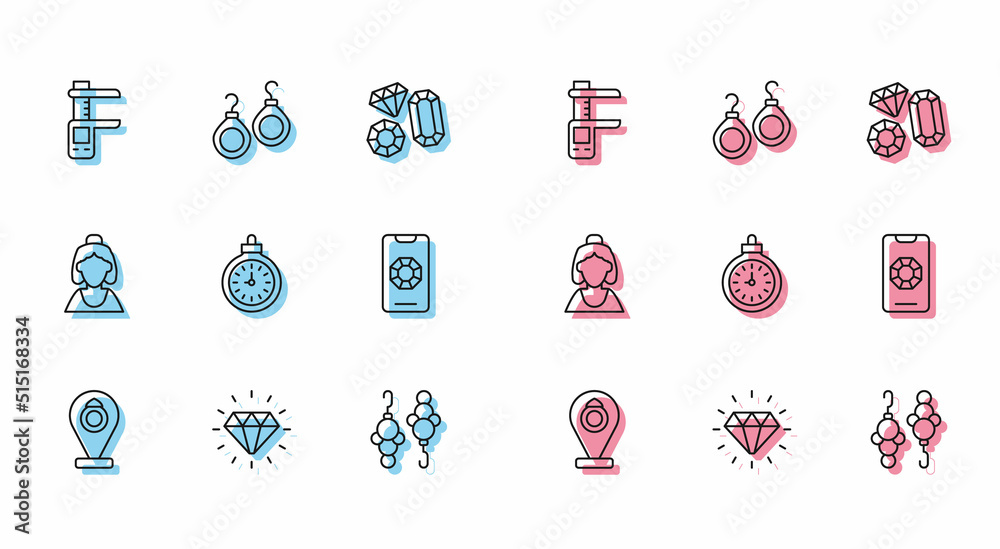 Set line Jewelry store, Diamond, Calliper caliper and scale, Earrings, Pocket watch, online shopping, Consultant of jewelry and icon. Vector