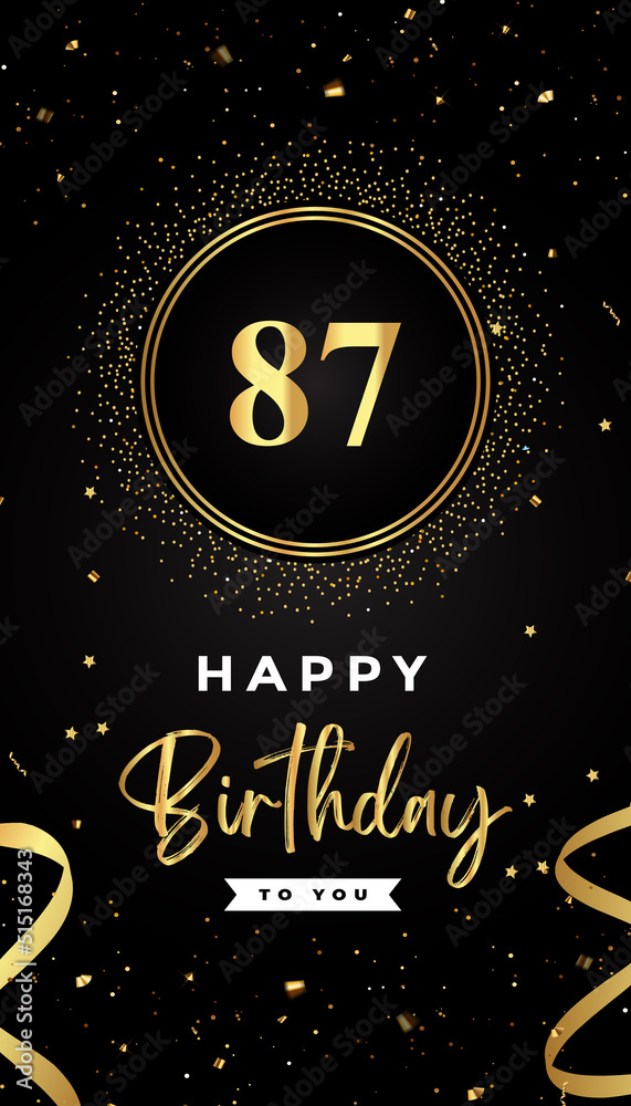 87th Birthday celebration with gold circle frames, ribbons, stars, and gold confetti glitter. Premium design for brochure, poster, leaflet, greeting card, birthday invitation, and Celebration events. 87th Birthday celebration with gold circle frames, ribbons, stars, and gold confetti glitter. Premium design for brochure, poster, leaflet, greeting card, birthday invitation, and Celebration events.