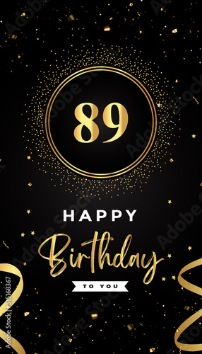 89th Birthday celebration with gold circle frames, ribbons, stars, and gold confetti glitter. Premium design for brochure, poster, leaflet, greeting card, birthday invitation, and Celebration events. 