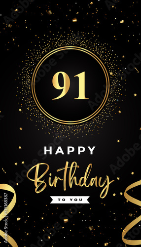 91th Birthday celebration with gold circle frames, ribbons, stars, and gold confetti glitter. Premium design for brochure, poster, leaflet, greeting card, birthday invitation, and Celebration events. 