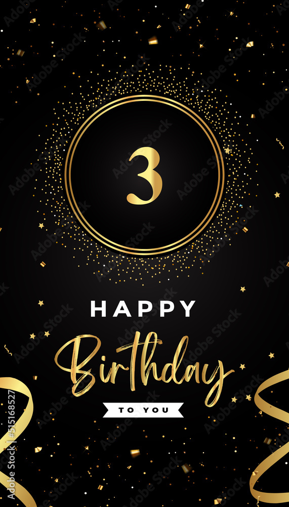 3rd Birthday celebration with gold circle frames, ribbons, stars, and gold confetti glitter. Premium design for brochure, poster, leaflet, greeting card, birthday invitation, and Celebration events. 3rd Birthday celebration with gold circle frames, ribbons, stars, and gold confetti glitter. Premium design for brochure, poster, leaflet, greeting card, birthday invitation, and Celebration events.