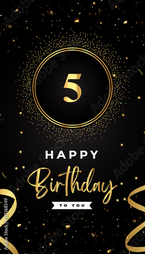 5th Birthday celebration with gold circle frames, ribbons, stars, and gold confetti glitter. Premium design for brochure, poster, leaflet, greeting card, birthday invitation, and Celebration events. 