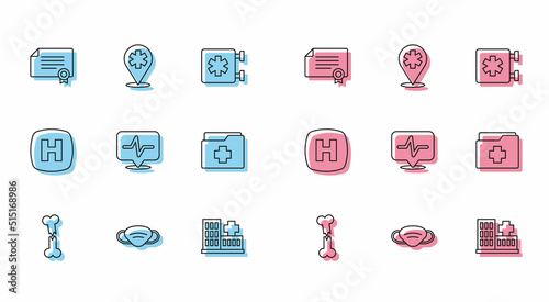 Set line Human broken bone, Medical protective mask, Certificate template, Hospital building, Heart rate, Patient record, signboard and Location hospital icon. Vector