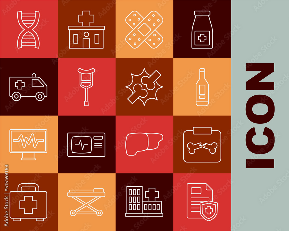 Set line Patient record, X-ray shots with broken bone, Digital thermometer, Crossed bandage plaster, Crutch crutches, Ambulance car, DNA symbol and Joint pain, knee pain icon. Vector