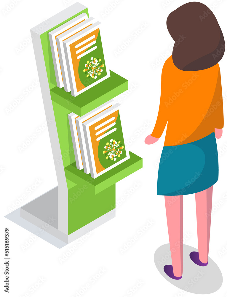 Woman looking at stand with books, brochures. Advertising company, promotion, distribution concept. Female choosing product catalogs, magazines. Lady near journal, literature exhibition on rack Woman looking at stand with books, brochures. Advertising company, promotion, distribution concept. Female choosing product catalogs, magazines. Lady near journal, literature exhibition on rack