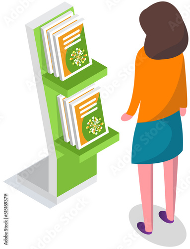 Woman looking at stand with books, brochures. Advertising company, promotion, distribution concept. Female choosing product catalogs, magazines. Lady near journal, literature exhibition on rack