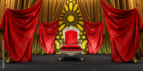 moroccan arabesque background with red and golden curtains on the side and king armchair, islamic vip concept, ramadan, eid mubarak, red and gold curtains, 3D render