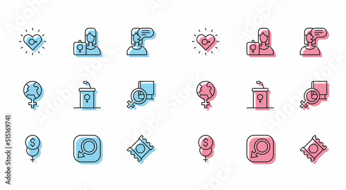 Set line Feminism finance, Male gender, Condom package, Debate podium rostrum, Book about women, the world and Feminist activist icon. Vector
