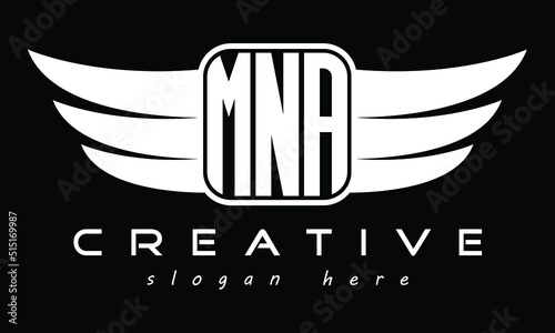MNA three Letter Wings Flying Initial wing symbol minimalist creative concept flag icon professional logo design Vector template with abstract black and white tattoo
