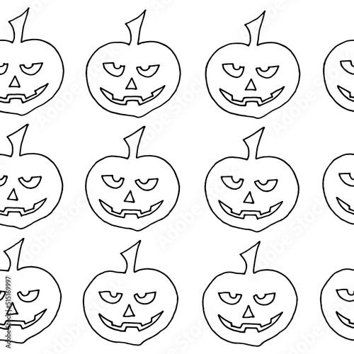 Pattern from halloween jack o lantern drawing with black marker on white paper background. Halloween background.  Halloween cover for gift. Halloween pumpkin set vector.