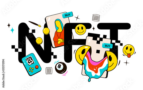 NFT, interchangeable tokens and digital items with cryptographic art for sale on the Internet market and blockchain technology, flat vector illustration