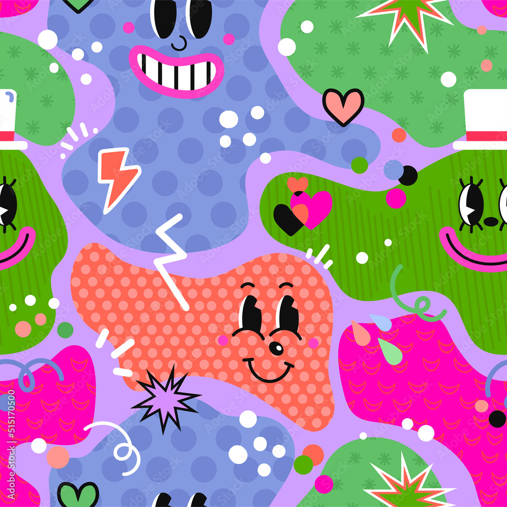Vector colorful seamless pattern with hand drawn abstract comic funny cute characters in psychodelic cartoon style. Use it for wallpaper, textile print, pattern fills, surface textures, wrapping paper