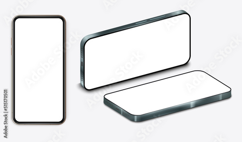 Smartphone frameless blank screen, rotate position. Smartphone from different angles. Mockup generic device. Smartphones set. Template for infographics or presentation 3D realistic phones.