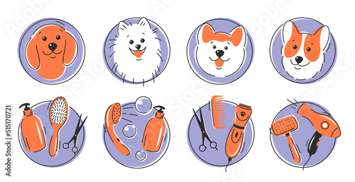 Pet grooming icons set. Different dogs and tools for animal hair grooming, haircuts, bathing, hygiene. Dog care. Vector illustration.