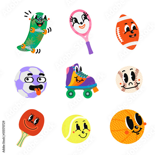 Vector colorful Illustration set Sport Equipments with smily face isolated on white background. Funny comic book characters. For your design of wallpaper, t-shirt print, graphic print