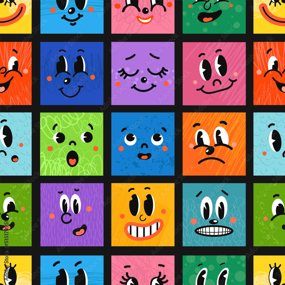 Vector Colorful Seamless Background with Illustrations different emotion face. Bright cartoon-styled elements for your design of wallpaper, t-shirt print, graphic print pattern fills, wrapping paper