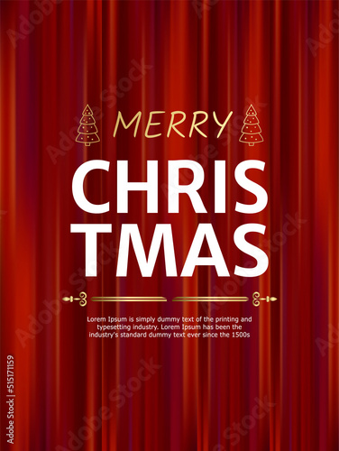 Merry Christmas holiday poster with lettering on red curtain. Vector theatrical scene for greeting. Holiday Christmas template with white text and decoration