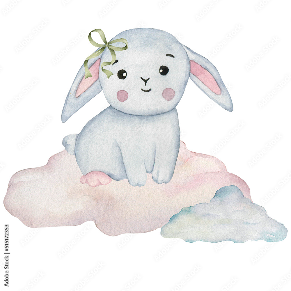 Watercolor cute bunny on the clouds