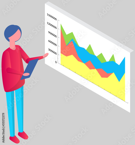 Analytics information and development statistics. Web analysis measure, product testing technology. Man analyses dashboard seo optimization, digital report. Statistical indicators and data on diagram