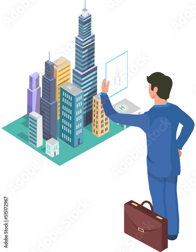 Businessman architect looking at project of modern abstract 3d city. Construction to design model creative future city building. Promising financial investments in construction, technological project