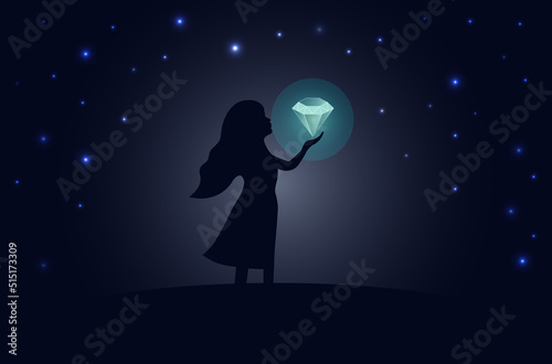 female silhouette on the background of the night moon. girl holding a diamond