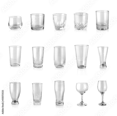 Set of empty glass of water isolated on white background