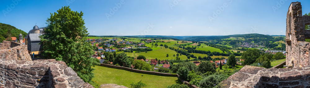 View from the Schwarzenfels castle ruins into the Sinntal/Germany in Hesse
