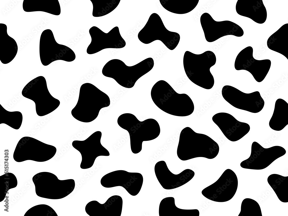 Abstract random black shapes seamless pattern. Cow animal skin wallpaper. Hand drawn spots backdrop. Abstract circular elements texture. Vector illustration isolated on white. Abstract random black shapes seamless pattern. Cow animal skin wallpaper. Hand drawn spots backdrop. Abstract circular elements texture. Vector illustration isolated on white.