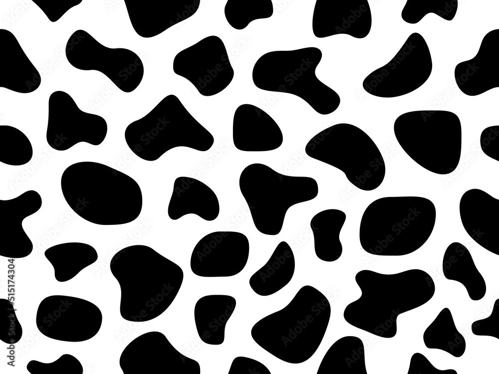 Abstract random black shapes seamless pattern. Cow animal skin wallpaper. Hand drawn spots backdrop. Abstract circular elements texture. Vector illustration isolated on white. Abstract random black shapes seamless pattern. Cow animal skin wallpaper. Hand drawn spots backdrop. Abstract circular elements texture. Vector illustration isolated on white.