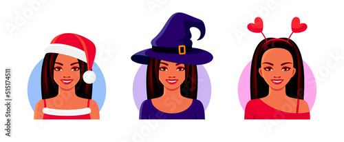 Pretty hispanic girls in Santa Claus hat, witch costume and headband with red hearts. Vector flat illustration of happy young latin women celebrate Christmas, Halloween and Valentine day