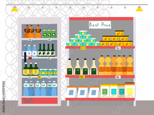 Supermarket furniture, grocery store with products on shelves. Shop in mall for selling groceries concept. Shelving of supermarket with food and drinks. Self-service store interior design elements