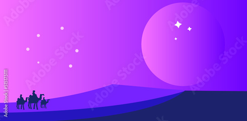 Desert Arabic landscape illustration with moon Arabian and camel.