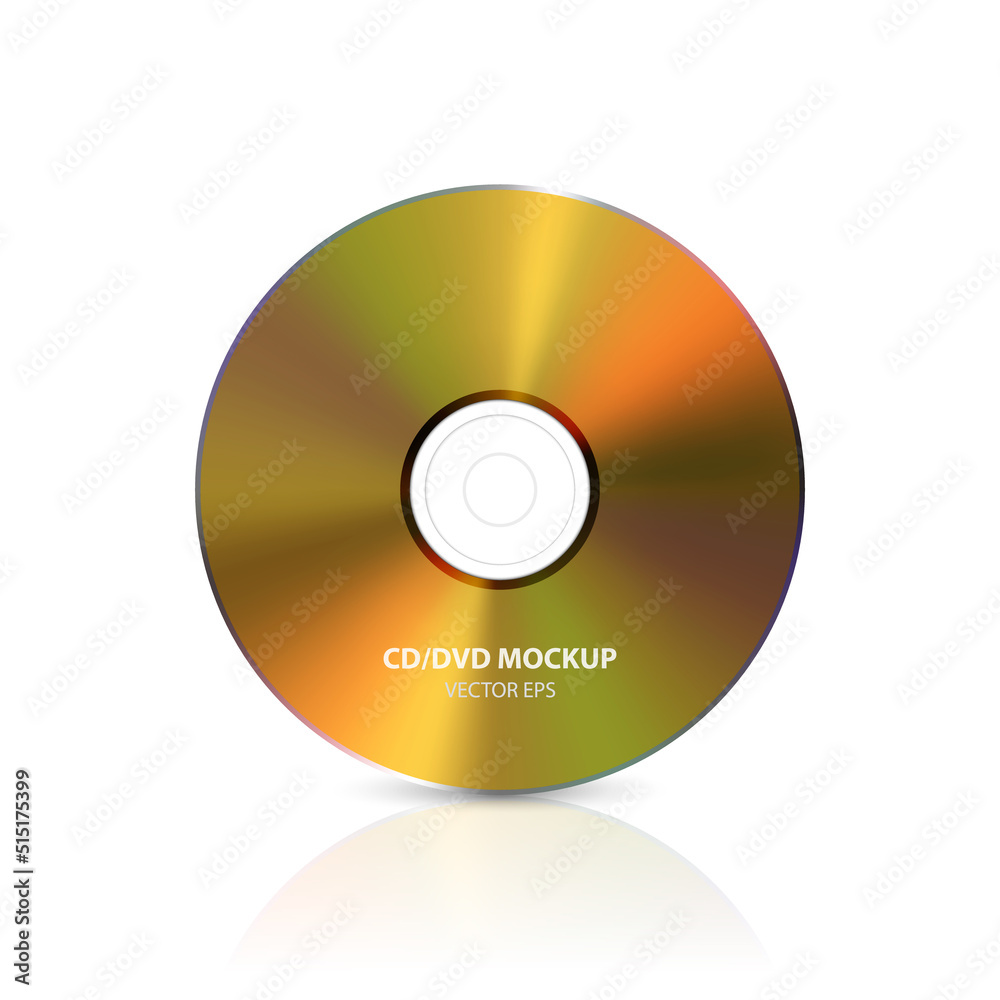 Vector 3d Realistic Golden CD, DVD on White with Reflection. CD Design Template for Mockup, Copy Space. Compact Disk Icon, Front View