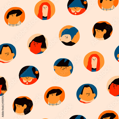 Round portraits. Diverse people. Cute funny characters. Trendy modern art. Cartoon, minimal, abstract contemporary style. Hand drawn Vector illustration. Square seamless Pattern, background, wallpaper