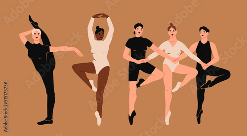 Ballerinas in different poses. Dancing women. Beautiful women silhouettes. Fitness, classical dancing, ballet school concept. Hand drawn modern Vector illustration. Cartoon style isolated characters