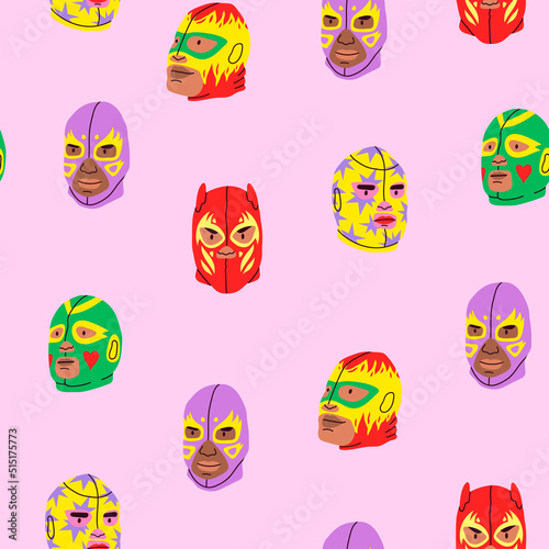 Various Lucha libre masks. Luchador colorful head set. Traditional Mexican wrestling masks. Luchadores Heroes. Hand drawn modern Vector illustration. Square seamless Pattern. Cartoon style