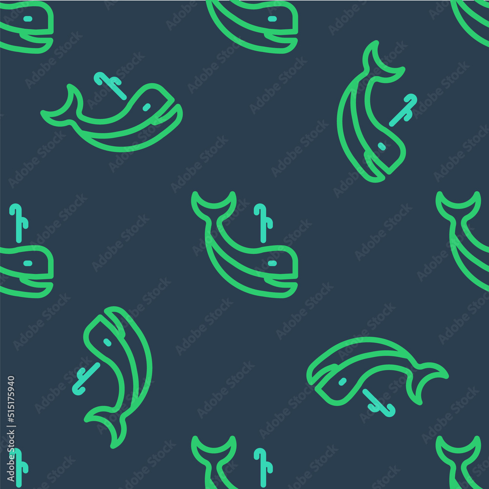 Obraz premium Line Whale icon isolated seamless pattern on blue background. Vector
