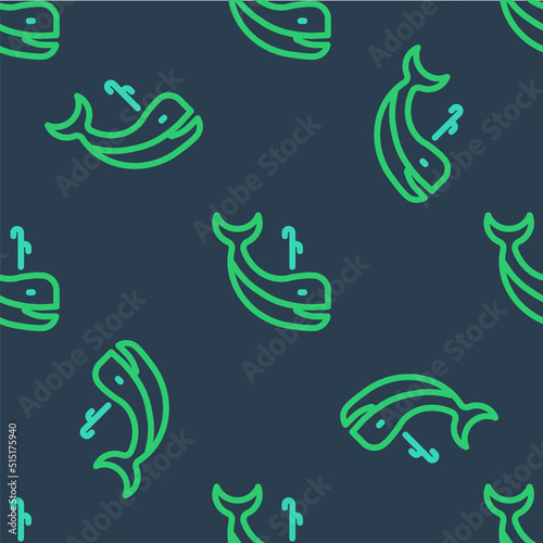 Line Whale icon isolated seamless pattern on blue background. Vector
