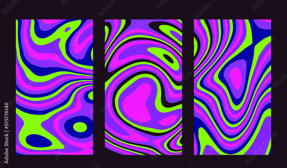 Set of hippie retro posters with melting and distorting shapes. Set of hippie retro posters with melting and distorting shapes.
