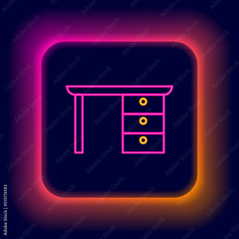 Glowing neon line Office desk icon isolated on black background. Colorful outline concept. Vector Glowing neon line Office desk icon isolated on black background. Colorful outline concept. Vector