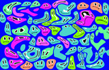 Trippy psychedelic background with melting cartoon faces.