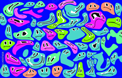 Trippy psychedelic background with melting cartoon faces.