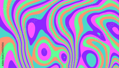 Trippy glitch background in style of psychedelic 60s and 70s parties with bright acidic rainbow colors and a winding geometric wavy pattern.