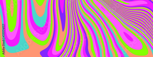 Trippy glitch background in style of psychedelic 60s and 70s parties with bright acidic rainbow colors and a winding geometric wavy pattern.