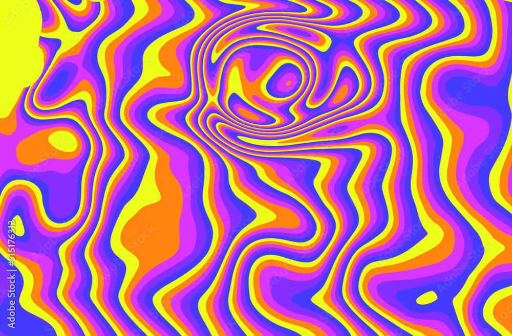 Op-art psychedelic background with distorted and wavy lines and curves. The 60s and 70s hippie style.